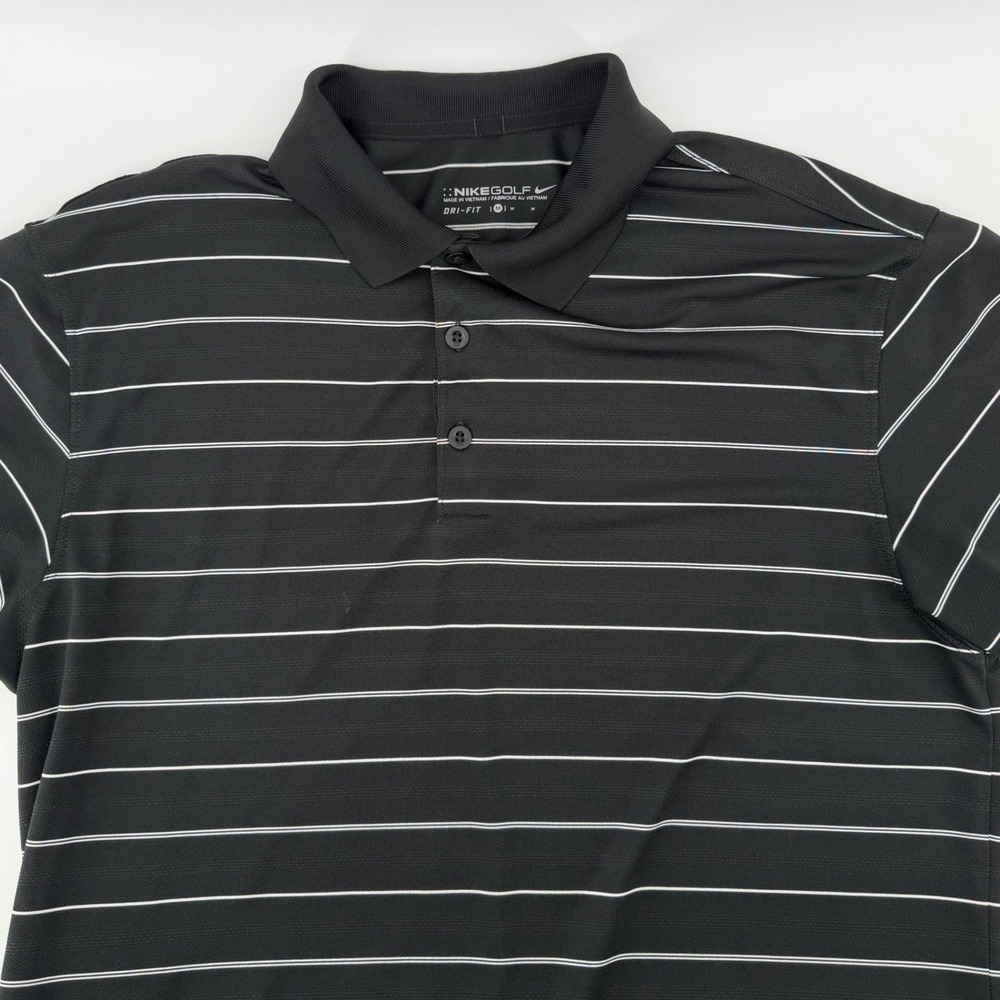 Nike Golf Polo Shirt Mens Medium Black White Striped Dri-FIT Short Sleeve Top